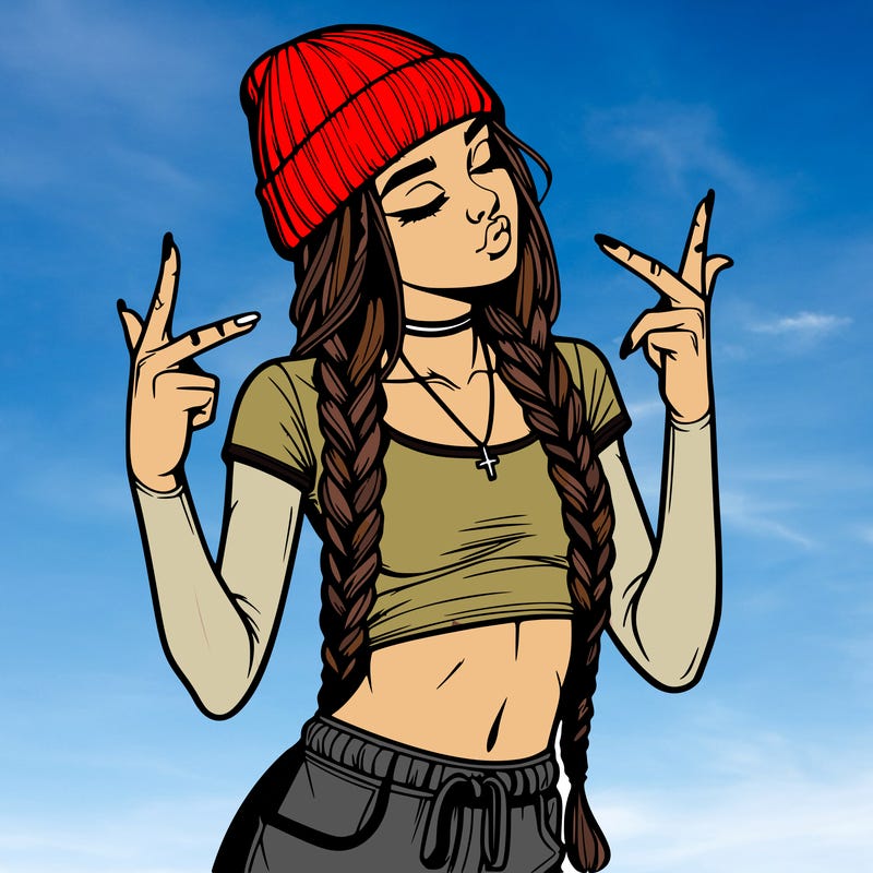 realistic teenage girl with braids and a beanie and crop top doing 🫶🏼