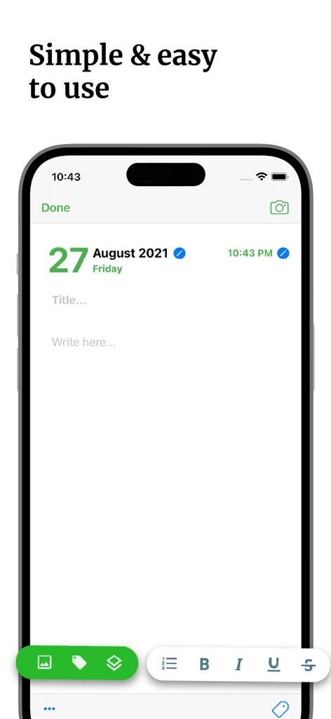 Daybook: AI Journal & Diary - Daybook AI Journal interface displaying a simple and clean diary entry screen with formatting options.