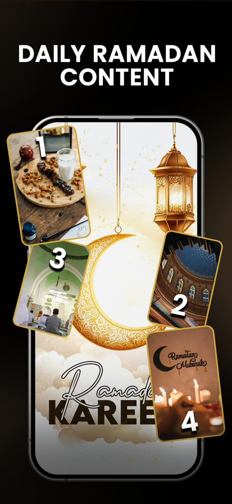 Smartphone screen displaying daily Ramadan video templates with aesthetic Islamic designs