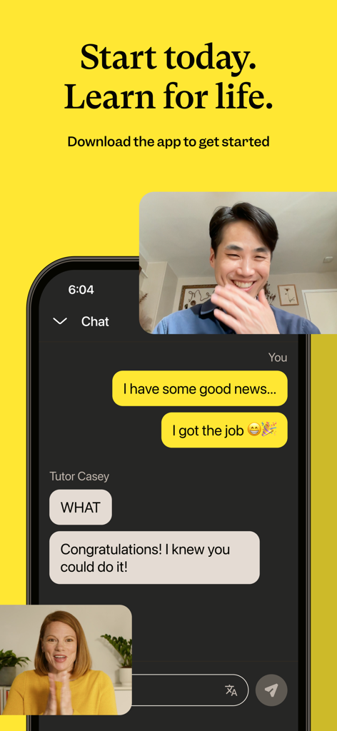A student and tutor celebrating a job offer on the Cambly English learning app.