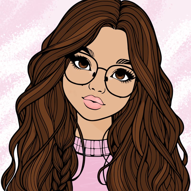 girl with long hair and freckles and glasses realistic