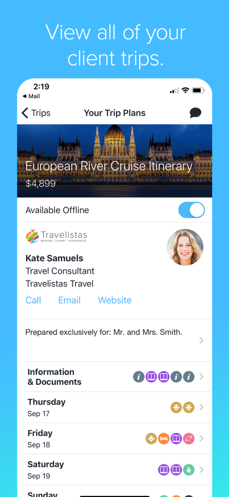 Travefy Pro app interface showing a European River Cruise itinerary and travel consultant profile.