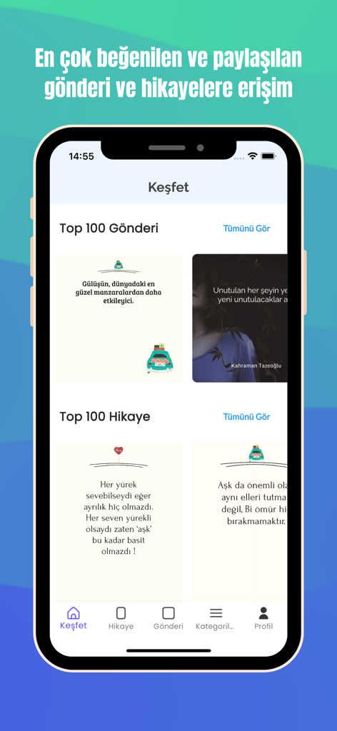 Aşk ve Sevgi Sözleri - La pantalla de descubrimiento de la aplicación Citas de Amor y Afecto mostrando citas de amor turcas populares para publicaciones e historias en redes sociales.