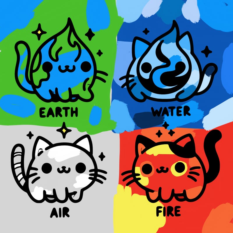 4 cats that represent the different elements, earth, water, air, and fire