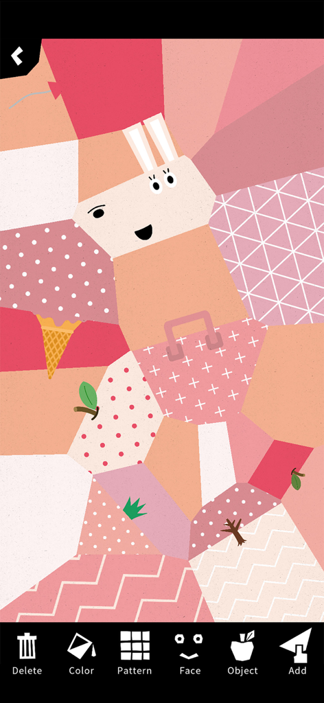 KAKU² - Funny Shape Play - Creative interface of KAKU app showing colorful geometric shapes and patterns forming a character