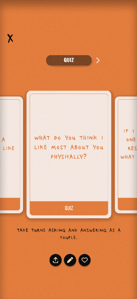 It's Not a Game - Un écran mobile montrant une carte de quiz relationnel pour couples avec une invite demandant ce qu'un partenaire aime le plus chez l'autre physiquement.