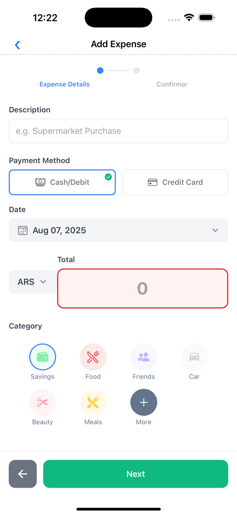 MoneyTrack App - Interface of the MoneyTrack app for adding a new expense with fields for description amount payment method and category
