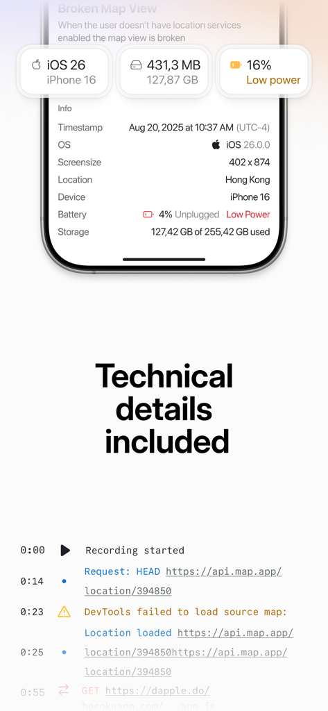 Technical logs and device details for mobile bug reporting in Jam.