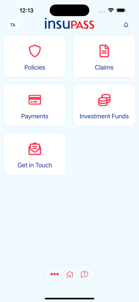 Insupass mobile app home screen displaying tiles for insurance policies, claims, and payments