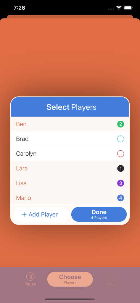 Finska Party - Player selection screen in the Finska Party scorekeeping app showing a list of names with assigned colors and turn numbers.