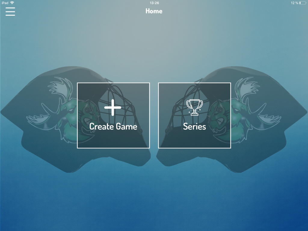 GameStats Floorball - Home screen of the GameStats Floorball iPad app featuring Create Game and Series buttons.