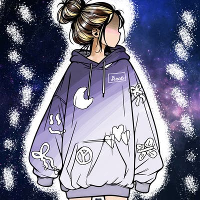 realistic girl with a oversized sweatshirt on and a bun