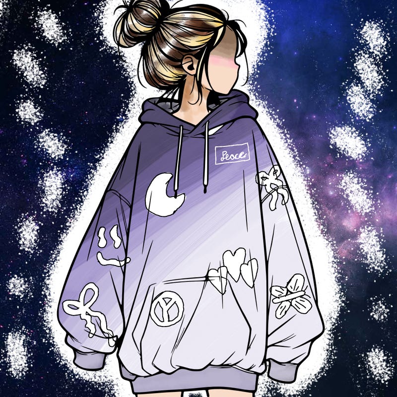 realistic girl with a oversized sweatshirt on and a bun