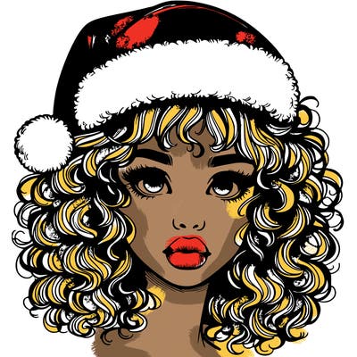 realistic girl with a santa hat curly hair and lips