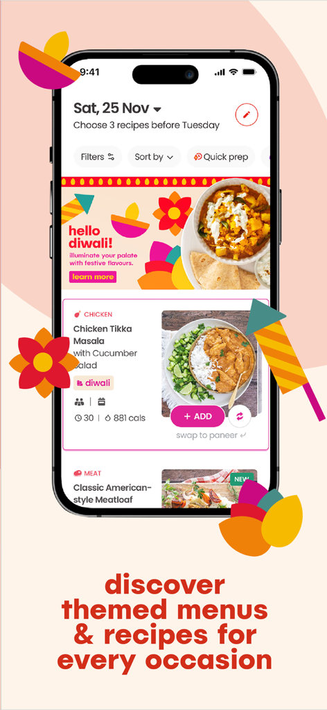 Hello Chef: Meal Kit & Recipes - Hello Chef mobile app displaying themed meal kit recipes like Chicken Tikka Masala