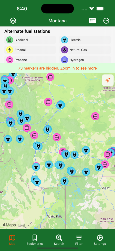 Montana Traveler app map view showing various alternate fuel stations such as electric and propane locations across the state