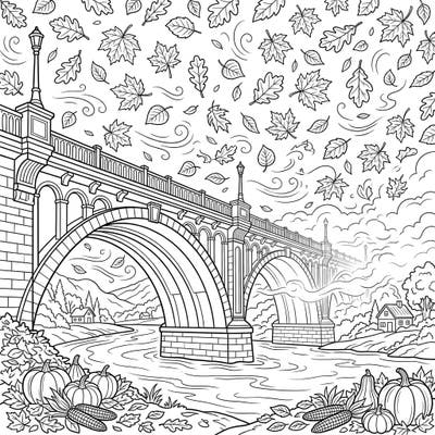 Step into the beauty of autumn with this captivating coloring page featuring a majestic bridge amidst falling leaves. Enjoy the cozy vibes of the season as you bring this picturesque fall landscape to life.