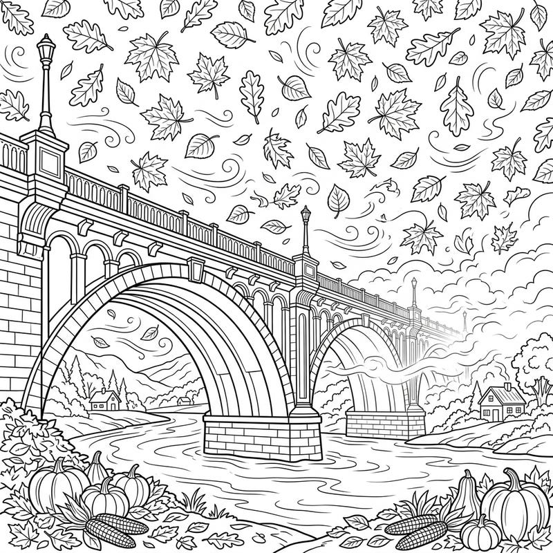 Step into the beauty of autumn with this captivating coloring page featuring a majestic bridge amidst falling leaves. Enjoy the cozy vibes of the season as you bring this picturesque fall landscape to life.
