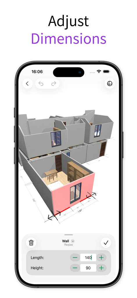 LiDAR Scanner 3D - 5DPlan - Adjusting wall dimensions on a 3D floor plan using an iPhone app