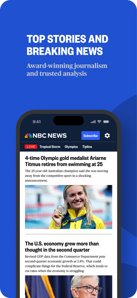 NBC News app interface displaying breaking news headlines and award winning journalism