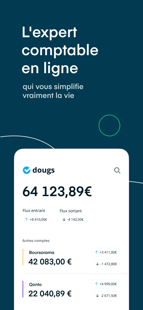 Tableau de bord de l'application mobile Dougs montrant le solde financier en temps réel et les comptes bancaires liés