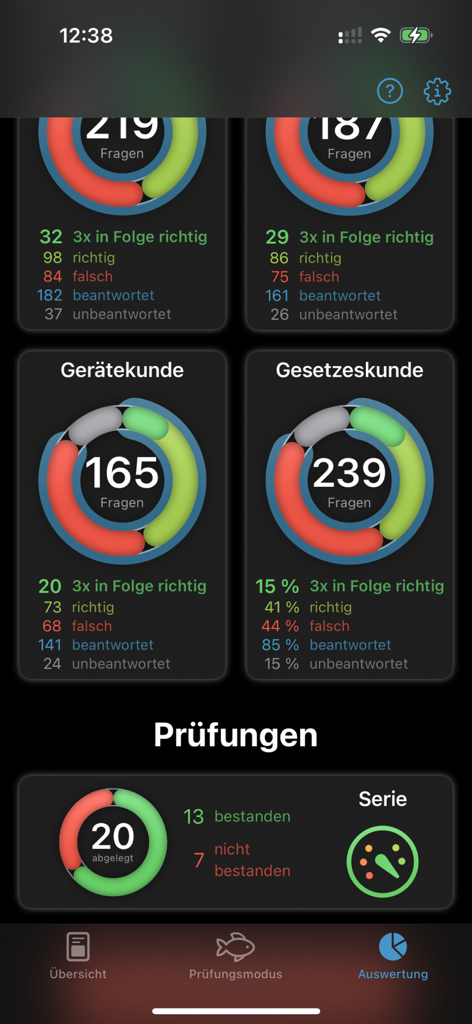 Learning statistics and exam results dashboard in the Angeltrainer Sachsen app showing study progress.