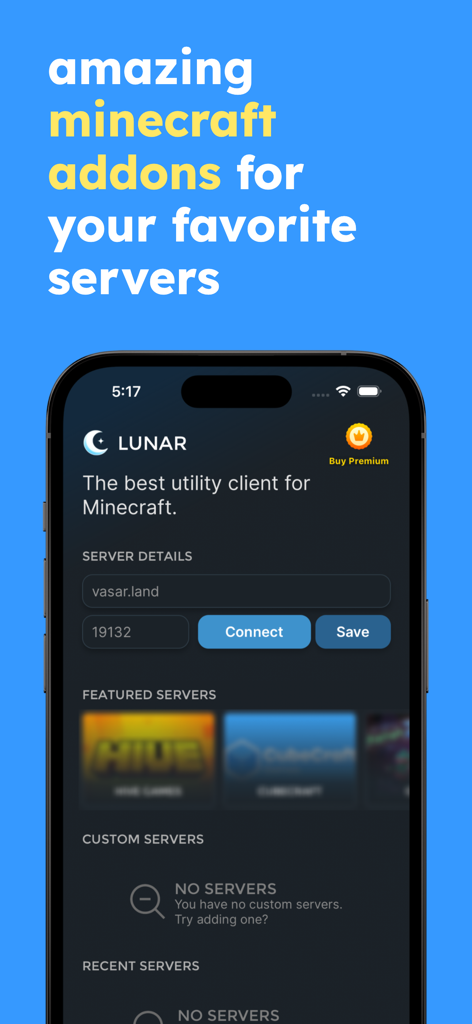 Lunar Proxy for Minecraft: PE - Lunar Proxy app interface showing server connection settings and featured Minecraft servers like The Hive and CubeCraft