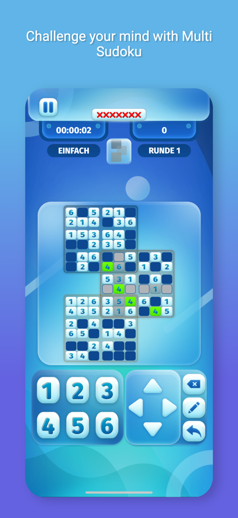 Captura de tela do jogo Sudoku Up! mostrando um desafio Multi Sudoku com três grades sobrepostas