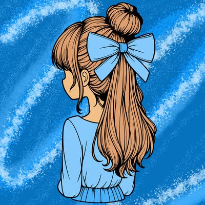 realistic girl  with hip length hair a bun and a big bow on the back of head