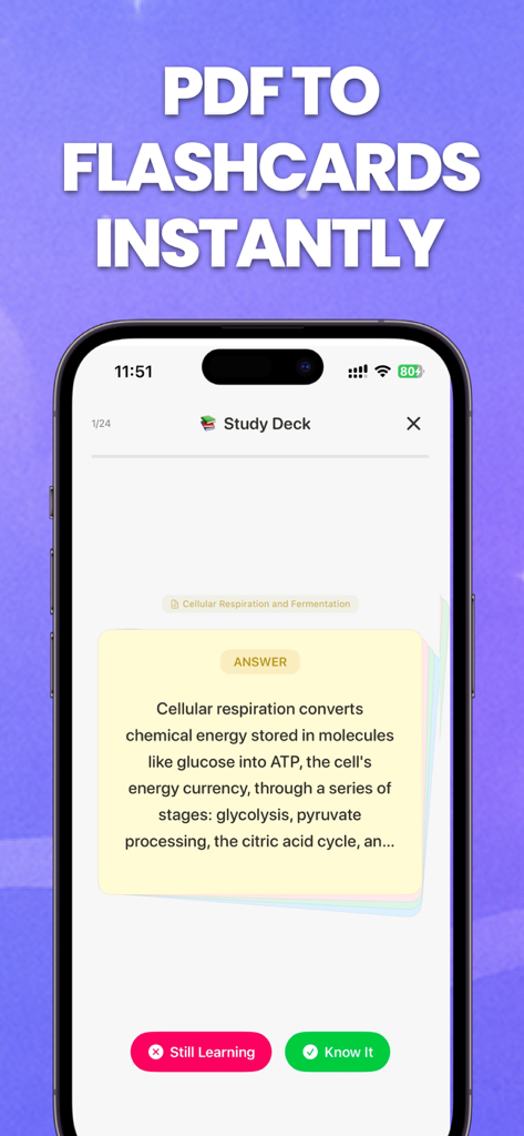 iPhone interface of Cram Whiz app showing a flashcard about cellular respiration generated from a PDF