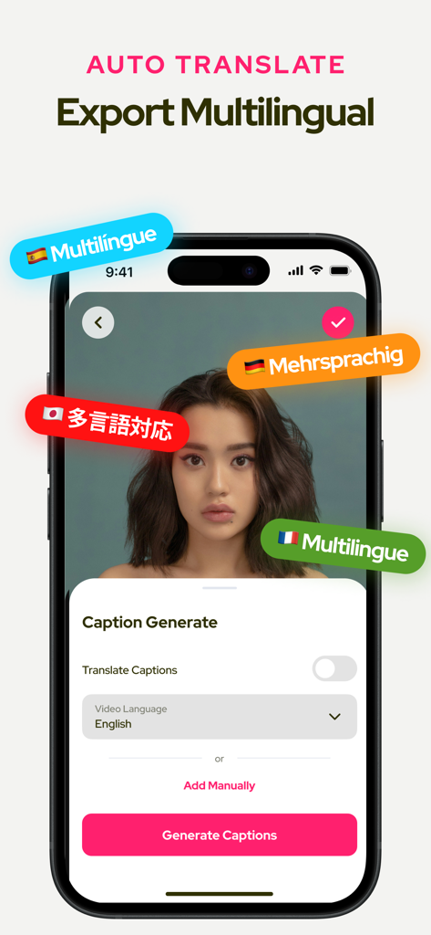 Schermata dell'iPhone che mostra l'interfaccia dell'app Subcap con traduzione automatica e opzioni di esportazione multilingue per i sottotitoli video.