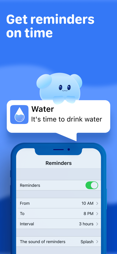 A smartphone interface showing the water tracker app reminder settings and a timely notification to drink water