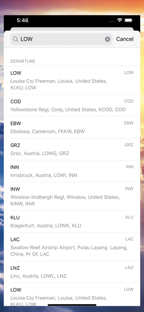 IQSMS Reporting B - Mobile screen showing a search list for airport departure codes within the IQSMS Reporting app