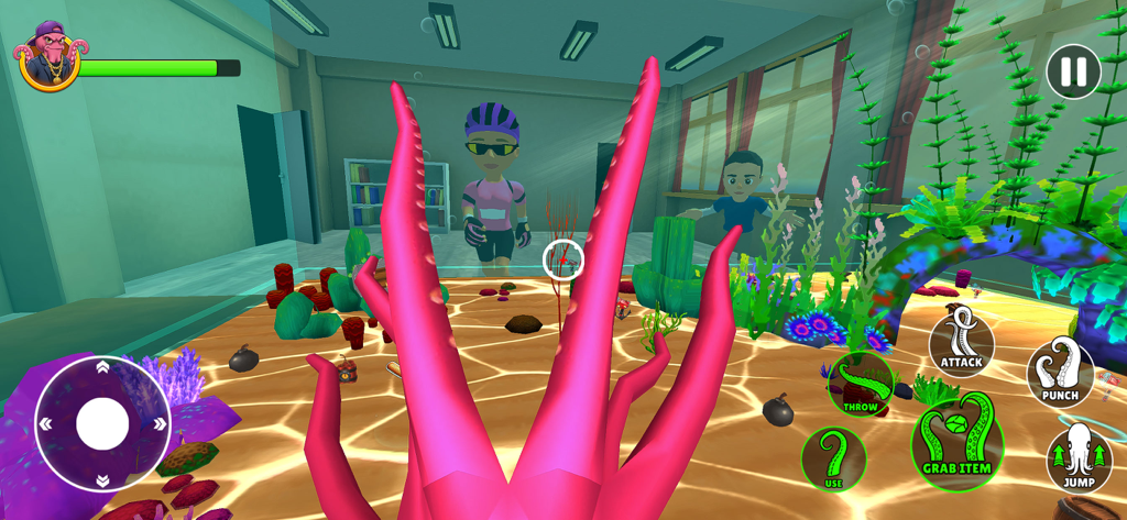 A first-person gameplay view of a pink octopus inside an aquarium looking out at people in a room with action controls on screen.