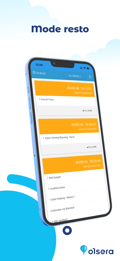 Olsera - Point Of Sale V2 - Olsera POS V2 mobile app interface showing active dine-in orders in restaurant mode