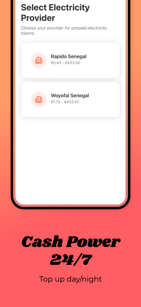 AfriiPay - AfriiPay app screen for selecting electricity providers in Senegal including Rapido and Woyofal for 24/7 top ups