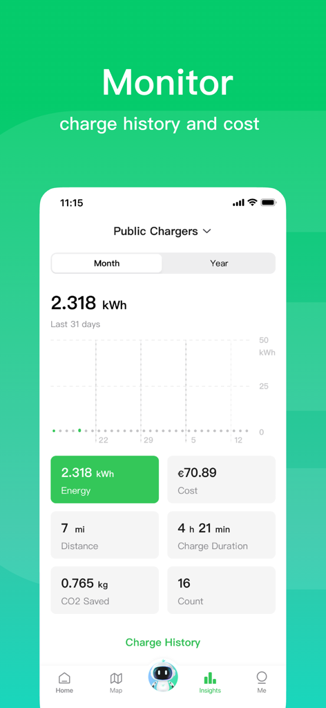 Autel Charge - Autel Chargeアプリ画面：EV充電履歴、コスト、エネルギー使用量を表示