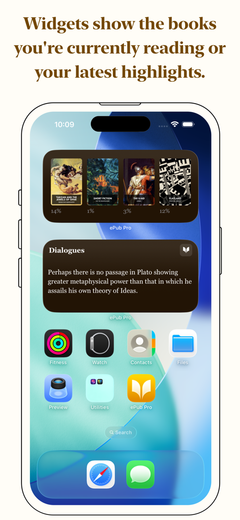 ePub Pro - ePub Pro ウィジェットを備えた iPhone ホーム画面。本の読書進捗状況とハイライトされたテキストスニペットを表示しています。