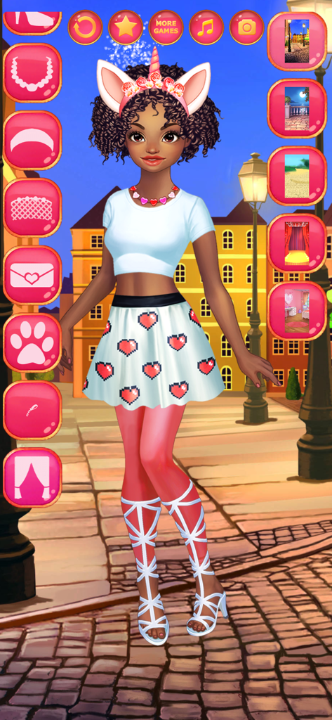 Love Fashion Dress Up Games - A girl character dressed in a heart-patterned skirt and unicorn headband in a mobile fashion game