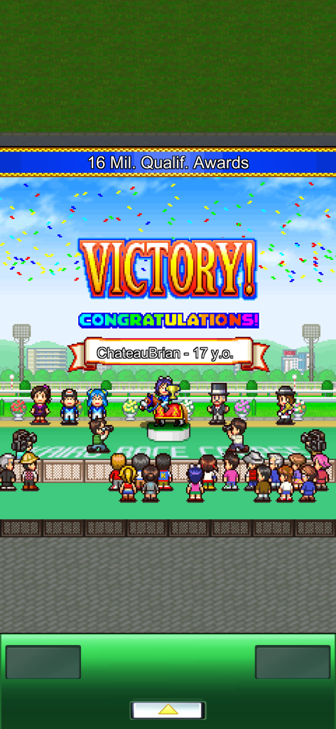 Pocket Stables - Pixel art victory ceremony in Pocket Stables with a horse on a trophy podium surrounded by confetti and fans