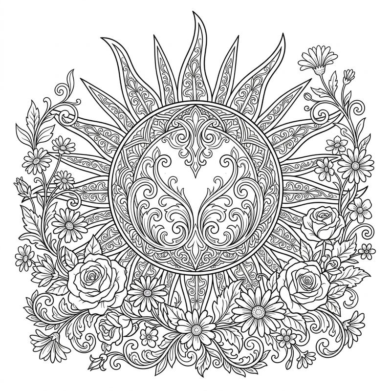 Immerse yourself in a captivating blend of seasons and styles with this Gothic Sun Disk coloring page, beautifully framed by blooming spring flowers and ornate Victorian details. This intricate design offers a unique melancholic elegance, perfect for a deeply engaging coloring experience.