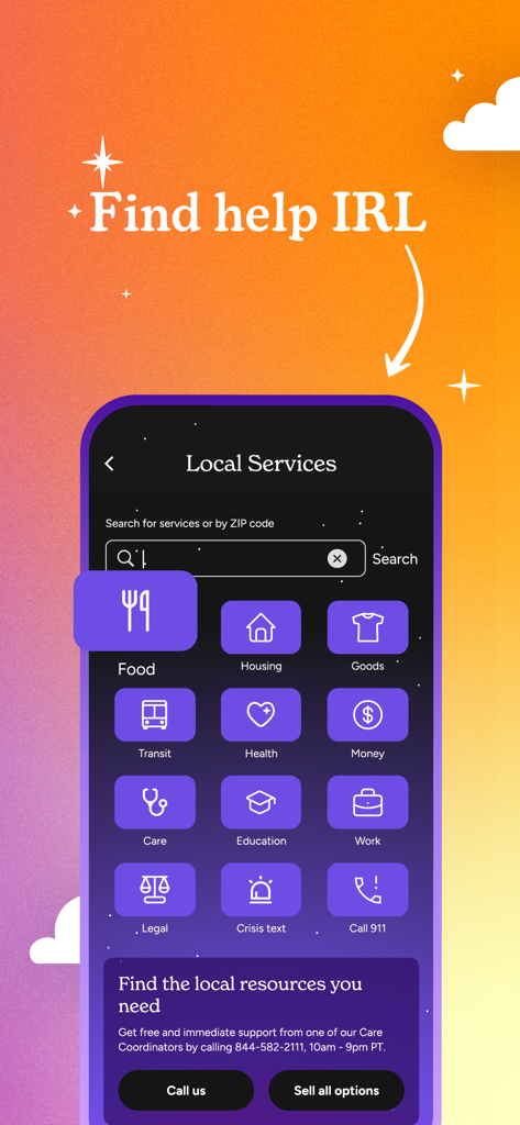 Soluna: Mental Health Care - Interface of the Soluna app showing local support categories like food housing and healthcare