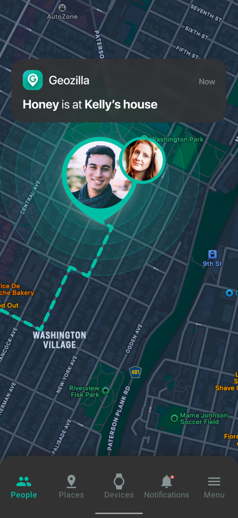 GeoZilla app map showing family member locations and a notification alert for arrival at a place
