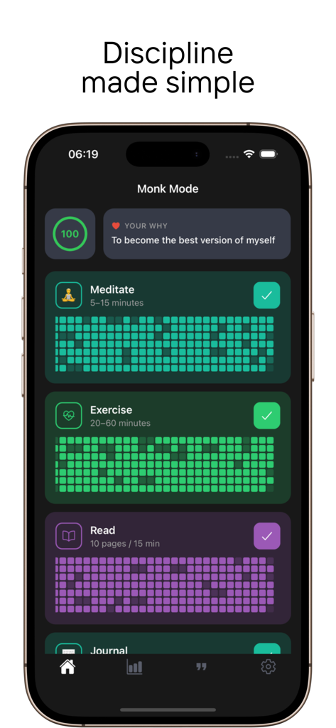 Monk Mode: Habit Tracker - The Monk Mode app dashboard showing daily habits like meditate and exercise with progress heatmaps and a completion score of 100
