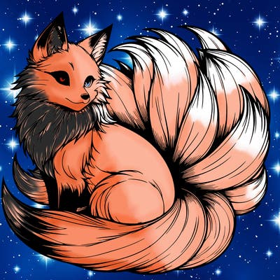 realistic detailed 9 tailed anime fox