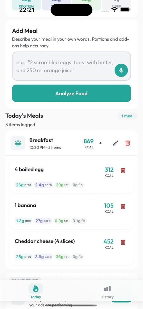 Calorie Tracker with AI app interface showing a meal log for breakfast with macro nutrients and a natural language text box for adding food.