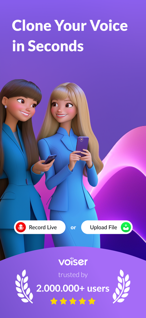 Pantalla de la aplicación Voiser que muestra dos avatares femeninos y opciones para clonar voz grabando en vivo o subiendo un archivo