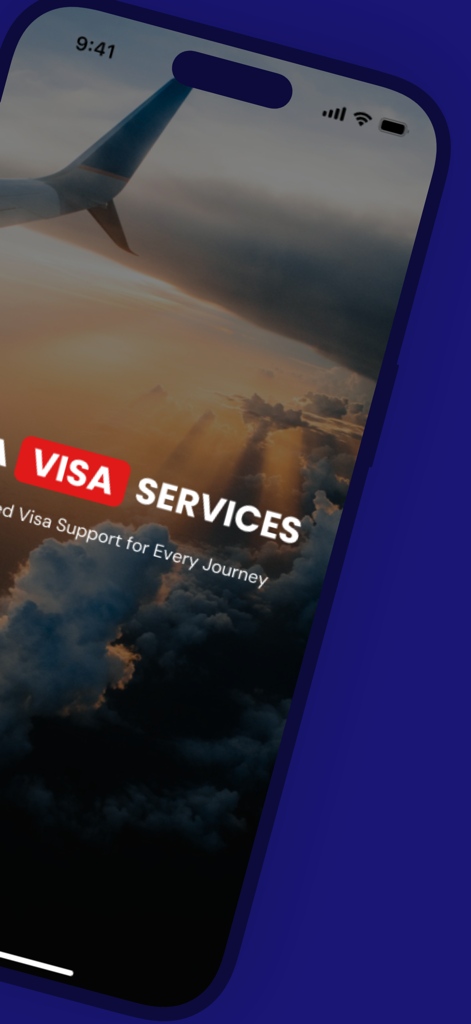 UK ETA Visa Services - Pantalla de inicio de la aplicación UK ETA Visa Services que muestra el ala de un avión sobre nubes al atardecer.