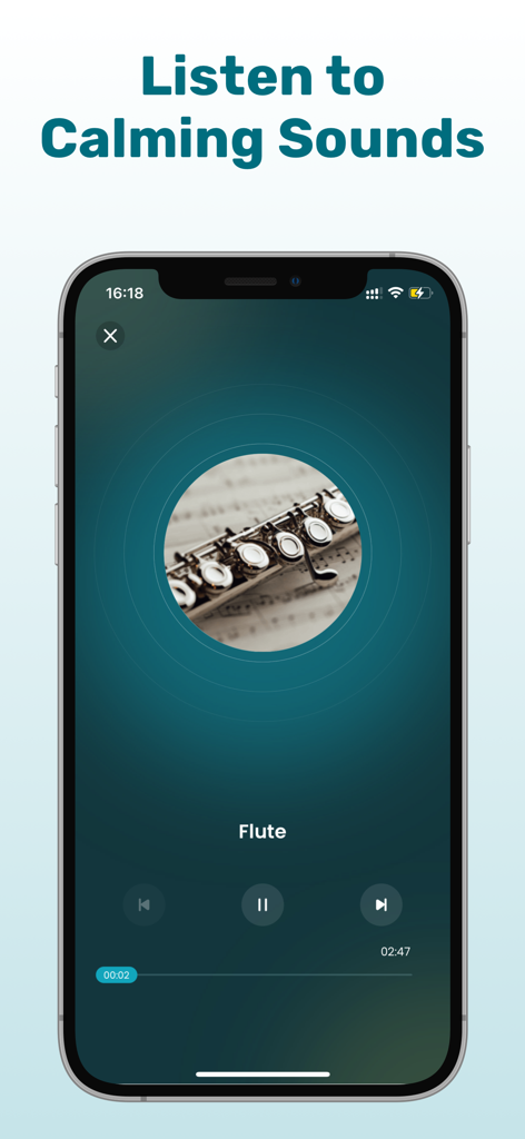 KeepHeart: Pulse Tracker - KeepHeart app interface showing a music player for calming sounds featuring a flute track