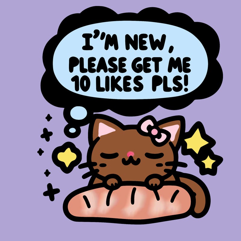 kitty taking a nap dream talking and saying "i'm new, please get me at least 10 likes pls!!"